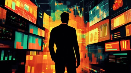 Leinwandbilder - Bold silhouette of a trader against a backdrop of colorful financial data and charts at dusk