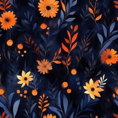 Fototapete - Bold watercolor doodle cartoon with floral patterns in vibrant colors on a dark background
