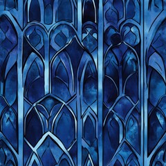 Fototapete - Bold doodle cartoon drawings in watercolor showcasing intricate blue window designs with unique shapes and patterns