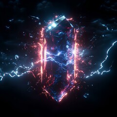 Poster - Thunder and lightning wrap around the crystal, Black background, heavy metal, Neon light