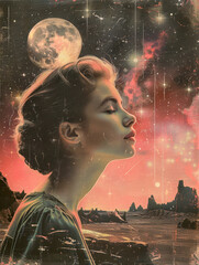 Poster - A serene profile of a woman against a celestial backdrop, embodying grace and the interplay between human experience and cosmic wonder.