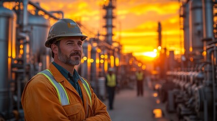Leinwandbilder - A professional in protective gear oversees refinery operations at sunset, highlighting the automation and engineering of the petrochemical sector in an orange glow.