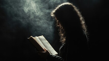 Poster - A person holds a book in a dimly lit area