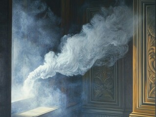Poster - Smoke billowing out of an open window, possibly indicating a fire or renovation
