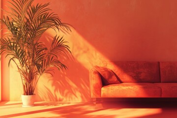 Poster - A comfortable living room with a couch and a potted plant, suitable for home decor or interior design images