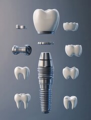 Aufkleber - Detailed 3D render of a dental implant in exploded view illustrating individual components against a gradient background