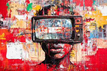 Poster - A dynamic portrayal featuring a person with an old TV on their head, creatively illustrating the intersection of human experience and abstract art.