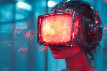 Poster - A striking depiction of a woman wearing a glowing virtual reality headset, symbolizing the merge of technology and human experience in modern life.