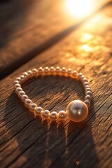Aufkleber - A single pearl bead rests on a wooden table, ready for display or use in jewelry making