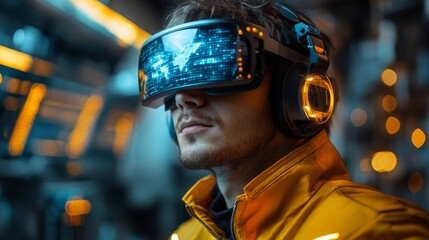 Leinwandbilder - A worker wearing advanced virtual reality gear is immersed in a futuristic manufacturing environment, focused on improving automation in steel and aluminum production processes.