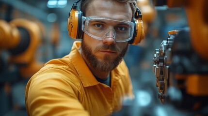 Leinwandbilder - A skilled worker wearing protective gear is focused on operating sophisticated machinery in a manufacturing facility.