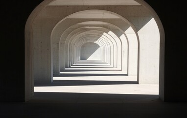 Poster - Light streams through a long corridor of concrete arches, creating a dramatic perspective and interplay of light and shadow. The architecture is minimalist and modern
