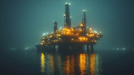 Aufkleber - A large petrochemical refinery stands on stilts over water, adorned with numerous lights that reflect off the surface. Fog envelops the area, creating a mysterious atmosphere.