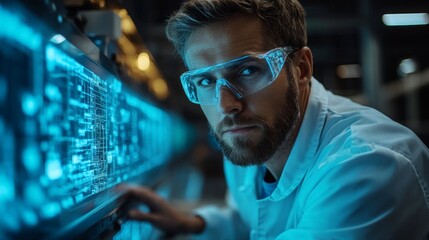 Poster - A skilled engineer inspects advanced automated machinery in a high-tech manufacturing environment. The workspace is filled with intricate equipment used for welding and metallurgy.