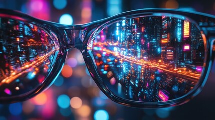 Poster - Futuristic City Reflections in Glasses with Colorful Bokeh Background and Neon Lights Display