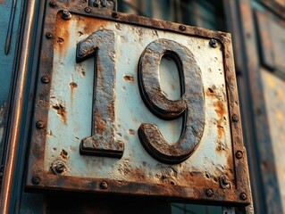Poster - A close-up shot of a rusty metal sign attached to the side of a building, with cracks and decay visible