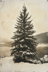 Poster - A classic winter scene with a lone pine tree standing out against a snowy backdrop