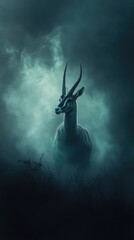 Poster - A goat stands alone in a cloudy sky with white puffy clouds