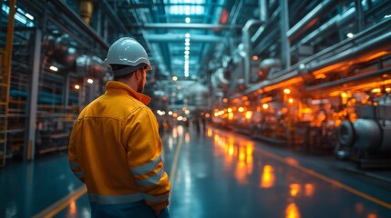 Aufkleber - Engineers oversee automated systems in a large petrochemical refinery. The facility's advanced processing equipment glows with industrial lighting, reflecting a busy evening atmosphere.