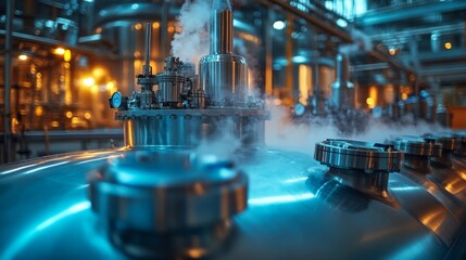 Leinwandbilder - Steam rises from advanced manufacturing equipment in a petrochemical facility, showcasing automation and engineering in action during a processing operation.