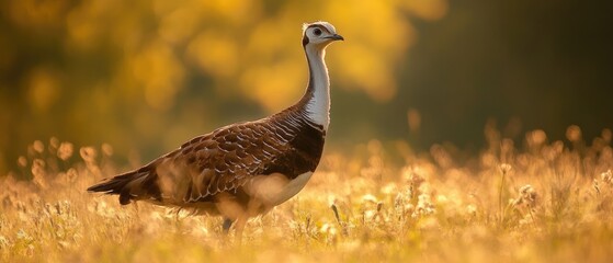 Poster - A bird perched among tall grass and wildflowers