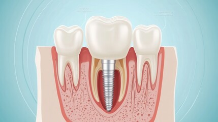 Poster - Cross-section of tooth implant showing detailed anatomy and components within the gum using smooth gradients and blue tones