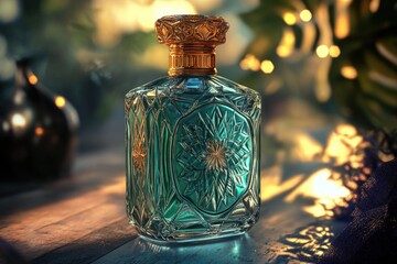 Poster - Perfume bottle on wooden table, use for product display or decoration