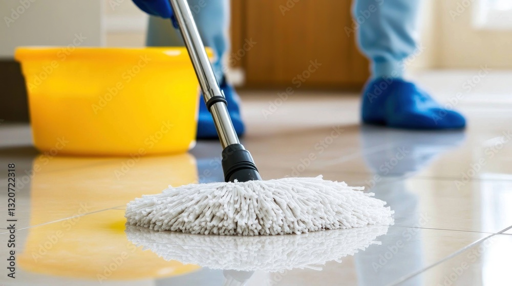 Mupping Person mopping shiny floor with a mop and bucket Stock Illustration ...