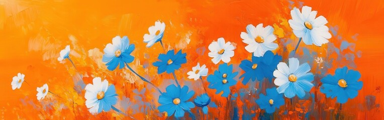 Aufkleber - Bold graphic depiction of blue and white daisies set against a vibrant orange background