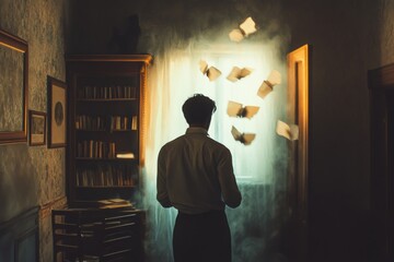 Poster - A person standing near a bookshelf with books stacked high