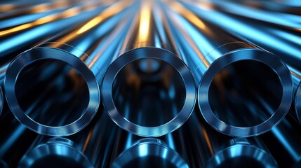 Poster - Polished aluminum and steel pipes are arranged in a factory, highlighting the precision of modern engineering and manufacturing processes.
