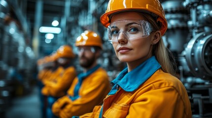 Poster - Professionals in safety gear focus on their tasks in a petrochemical refinery. They monitor equipment and ensure efficient operations in a high-tech environment.