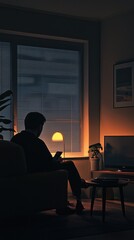 Poster - A person sits on a couch in a dark room, lit only by soft light