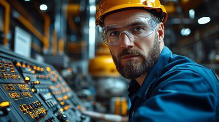 Poster - A skilled worker in a hard hat and safety goggles operates automated control systems in a busy manufacturing facility. The environment is well-lit and equipped with advanced technology.