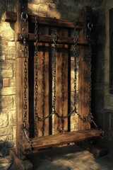 Poster - A wooden bench with metal chains attached, perfect for outdoor or interior decoration