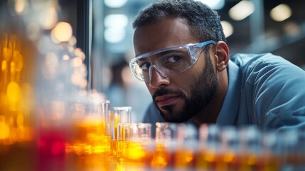 Poster - A laboratory technician in safety goggles examines vibrant liquid samples in beakers within a manufacturing facility. The focus is on the chemical analysis during working hours.
