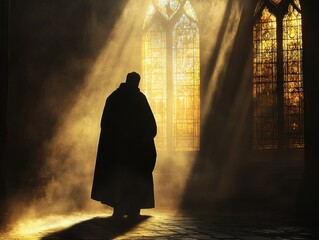 Poster - A person standing in front of a colorful stained glass window