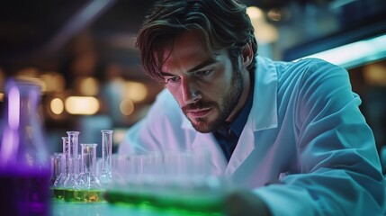 Poster - A focused engineer in a lab coat examines various glass beakers containing vibrant chemical solutions. The setting is a high-tech laboratory dedicated to petrochemical research and automation.