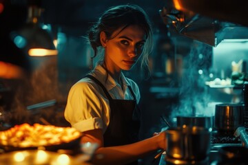 Poster - A person cooking and preparing food in a domestic setting