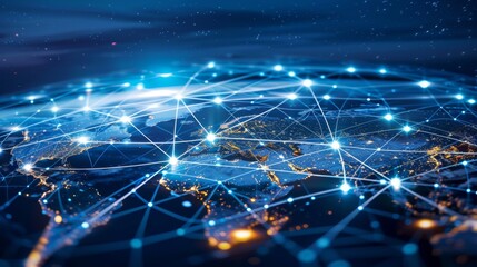 Poster - Abstract world map with global network and connectivity. Digital technology. Futuristic global technology. Global connectivity. Digital planet Earth. 