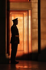 Poster - A man in military or work uniform stands in front of a door, potentially waiting for access