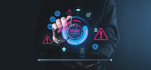 Poster - Businessman using digital risk management interface on tablet.