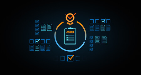 Poster - Audit process concept with checklist and verification icons in futuristic 3D rendering. 3D Rendering