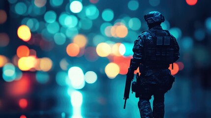 Poster - Soldier standing in the middle of a city at night, urban landscape with bright lights and dark shadows