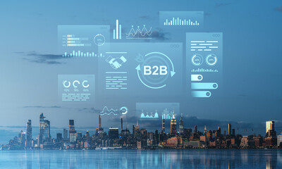Poster - B2B digital marketing and technology concept with financial analytics icons over city skyline.