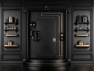 Poster - art deco 3D podium, vintage elegance, gold and black theme, intricate details, stylish and sophisticated, reflective surfaces, cinematic lighting, luxury product display, symmetrical composition,