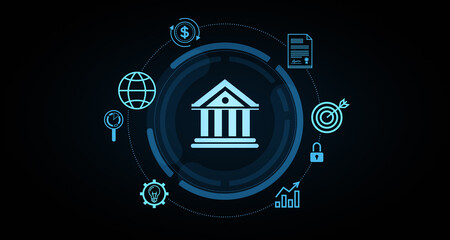 Poster - digital banking concept with financial and technology icons. 3d rendering