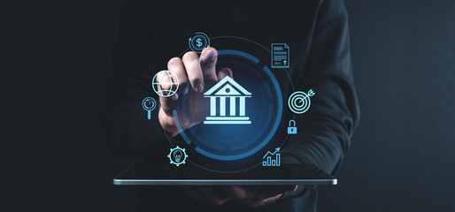Poster - digital banking technology concept with holographic financial icons.