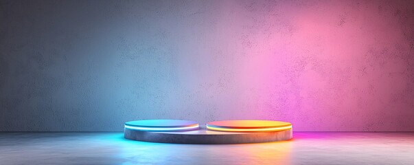 Poster - gradient 3D podium, vibrant color transitions, artistic background, modern minimalism, soft lighting, stylish display, high-end visual aesthetic, polished surfaces, cinematic presentation, perfect