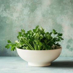Poster - Fresh parsley sprigs in white bowl on aqua background culinary herb vibrant organic herb garnish